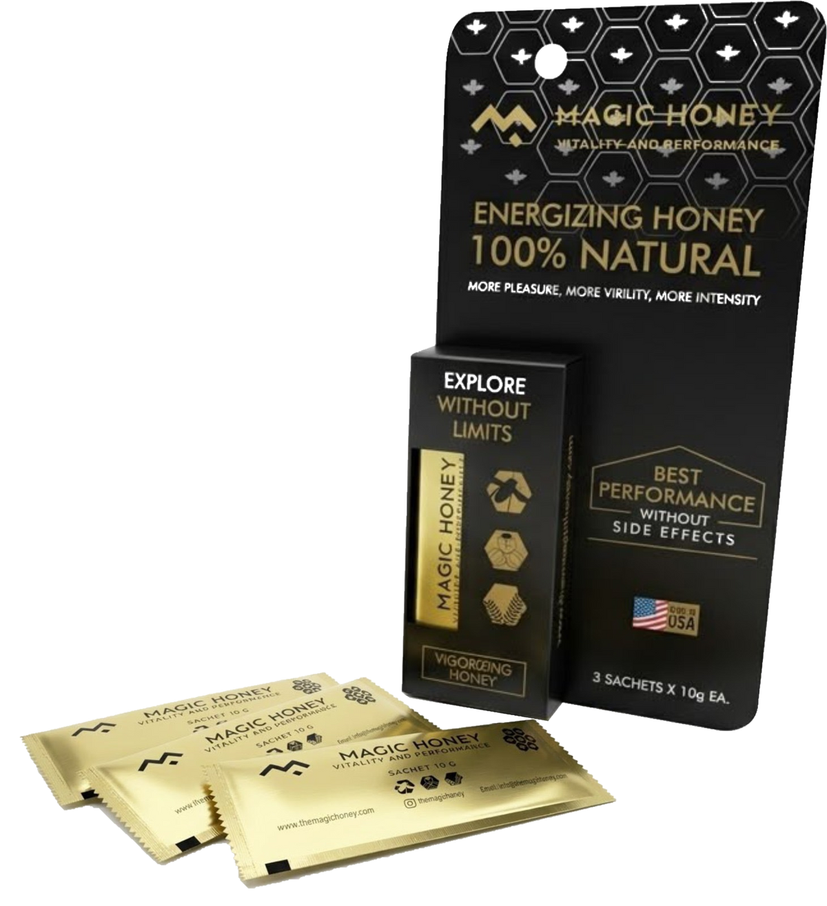 Magic Honey 3 Sachets pack by Jailyne Ojeda with gold sachets